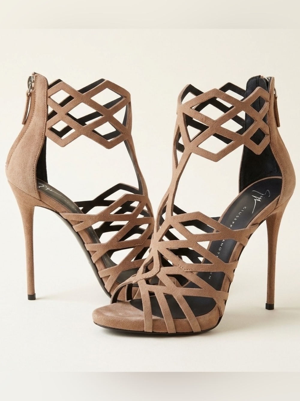 Giuseppe Zanotti Laser Cut Suede Cage Heels Tan EU 37 NWT